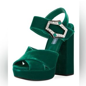 Prada Jeweled Velvet Block-Heel Sandal in Emerald Green